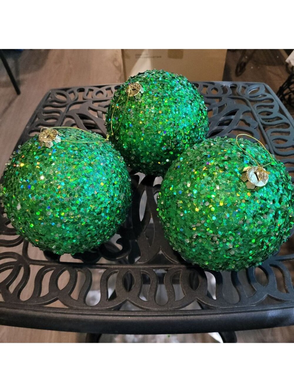 Set Of 3 Large Green Glitter Christmas Ornament Balls With Hanging Loops 6"